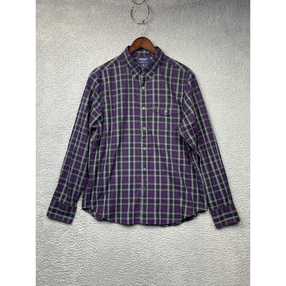 American Eagle Outfitters Shirt Mens Large Purple Plaid Button Down Slim Fit